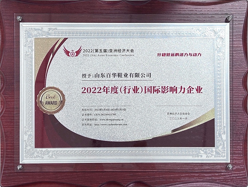图：山东完美官网首页入口鞋业有限公司被授予2022年度（行业）国际影响力企业